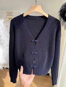 GalTyme Plus Size Women Solid Color Long Sleeve Frog Button Design Casual Knit Cardigan - Blue - View 1