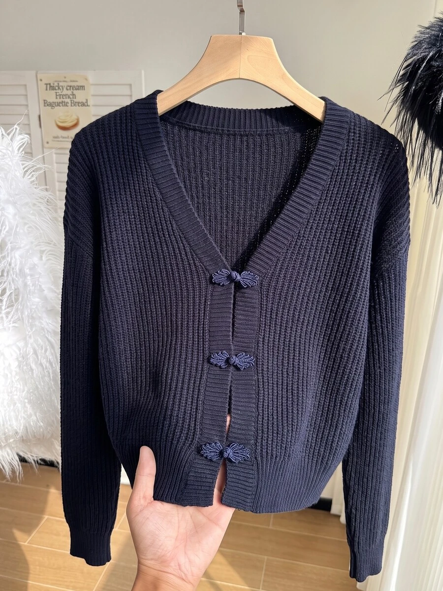GalTyme Plus Size Women Solid Color Long Sleeve Frog Button Design Casual Knit Cardigan - Blue - View 1