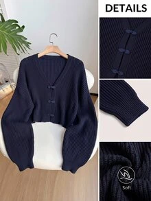GalTyme Plus Size Women Solid Color Long Sleeve Frog Button Design Casual Knit Cardigan - Blue - View 5