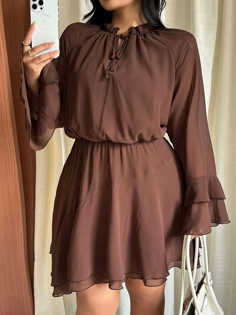 GalTyme Plus Size Elegant Commuter Solid Color Bell Sleeve Dress Fall - Brown - View 1