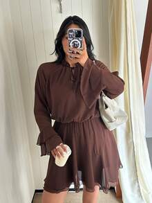 GalTyme Plus Size Elegant Commuter Solid Color Bell Sleeve Dress Fall - Brown - View 5