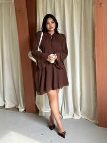 GalTyme Plus Size Elegant Commuter Solid Color Bell Sleeve Dress Fall - Brown - View 3