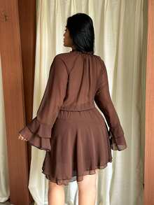 GalTyme Plus Size Elegant Commuter Solid Color Bell Sleeve Dress Fall - Brown - View 2
