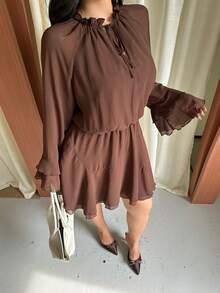 GalTyme Plus Size Elegant Commuter Solid Color Bell Sleeve Dress Fall - Brown - View 7