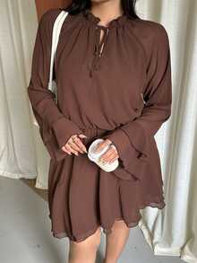 GalTyme Plus Size Elegant Commuter Solid Color Bell Sleeve Dress Fall - Brown - View 4