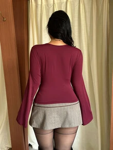 GalTyme Plus Size Women Solid Color Cutout Front Tie Long Sleeve Slim Fit T-Shirt Fall - Burgundy - View 2