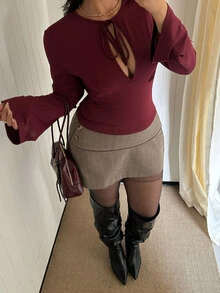 GalTyme Plus Size Women Solid Color Cutout Front Tie Long Sleeve Slim Fit T-Shirt Fall - Burgundy - View 5