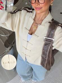 Muchica Plus Size Women's Side Stripe Button Design Knit Cardigan - Apricot - View 5