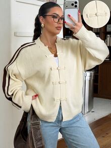 Muchica Plus Size Women's Side Stripe Button Design Knit Cardigan - Apricot - View 4