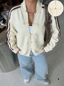 Muchica Plus Size Women's Side Stripe Button Design Knit Cardigan - Apricot - View 3