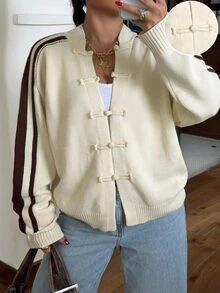 Muchica Plus Size Women's Side Stripe Button Design Knit Cardigan - Apricot - View 1