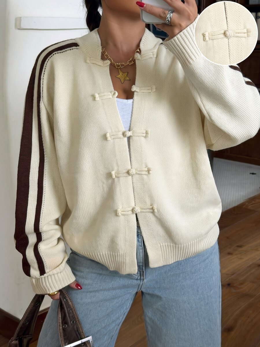 Muchica Plus Size Women's Side Stripe Button Design Knit Cardigan - Apricot - View 1