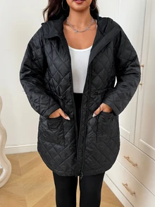 SHEIN EZwear Plus Size Fashion Zipper Dual Pocket Long Sleeve Hooded Thick Jacket Winter Black - Black - View 6