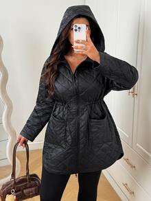 SHEIN EZwear Plus Size Fashion Zipper Dual Pocket Long Sleeve Hooded Thick Jacket Winter Black - Black - View 9