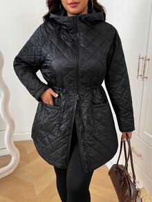 SHEIN EZwear Plus Size Fashion Zipper Dual Pocket Long Sleeve Hooded Thick Jacket Winter Black - Black - View 4