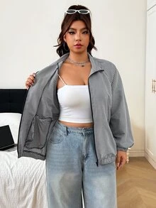 SHEIN EZwear 大尺碼時尚格紋拉鍊長袖口袋夾克街頭風秋季 - 黑與白 - 查看 10