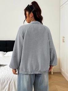 SHEIN EZwear 大尺碼時尚格紋拉鍊長袖口袋夾克街頭風秋季 - 黑與白 - 查看 6