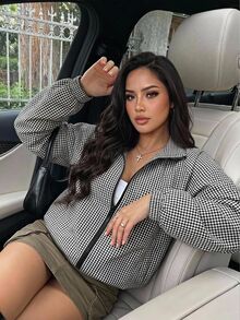 SHEIN EZwear 大尺碼時尚格紋拉鍊長袖口袋夾克街頭風秋季 - 黑與白 - 查看 9