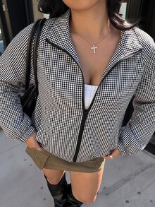 SHEIN EZwear 大尺碼時尚格紋拉鍊長袖口袋夾克街頭風秋季 - 黑與白 - 查看 8