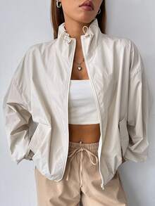 SHEIN EZwear 大尺碼女款純色拉鍊休閒百搭日常長袖外套 白色 秋冬款 - 杏色 - 查看 3