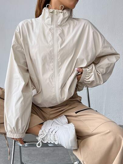 SHEIN EZwear 大尺碼女款純色拉鍊休閒百搭日常長袖外套 白色 秋冬款