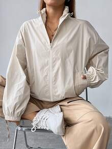SHEIN EZwear 大尺碼女款純色拉鍊休閒百搭日常長袖外套 白色 秋冬款 - 杏色 - 查看 7
