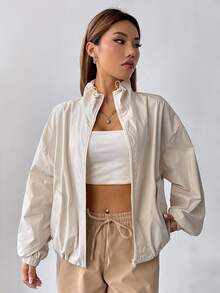 SHEIN EZwear 大尺碼女款純色拉鍊休閒百搭日常長袖外套 白色 秋冬款 - 杏色 - 查看 5