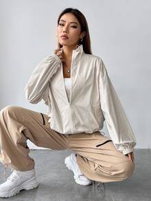 SHEIN EZwear 大尺碼女款純色拉鍊休閒百搭日常長袖外套 白色 秋冬款 - 杏色 - 查看 6
