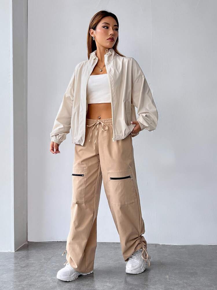 SHEIN EZwear Plus Size Women's Solid Color Zipper Casual Versatile Everyday Long Sleeve Jacket White Autumn Fall - Apricot - View 4