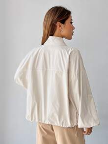 SHEIN EZwear 大尺碼女款純色拉鍊休閒百搭日常長袖外套 白色 秋冬款 - 杏色 - 查看 2