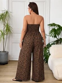 SHEIN EZwear 大尺碼女款時尚度假風豹紋抓皺上身式抹胸寬腿連身褲 - 棕色 - 查看 2