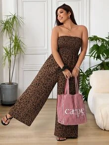 SHEIN EZwear 大尺碼女款時尚度假風豹紋抓皺上身式抹胸寬腿連身褲 - 棕色 - 查看 3