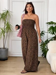 SHEIN EZwear 大尺碼女款時尚度假風豹紋抓皺上身式抹胸寬腿連身褲 - 棕色 - 查看 4