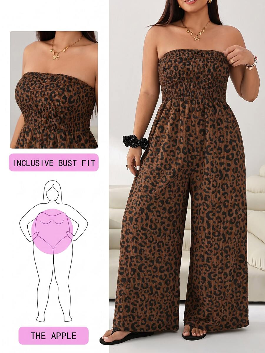 SHEIN EZwear 大尺碼女款時尚度假風豹紋抓皺上身式抹胸寬腿連身褲 - 棕色 - 查看 1