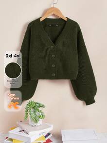 SHEIN Essnce Plus Size Women's Solid Color Drop Shoulder Long Sleeve Single-Breasted Casual Cardigan In Fall/Winter - Army Green - View 1