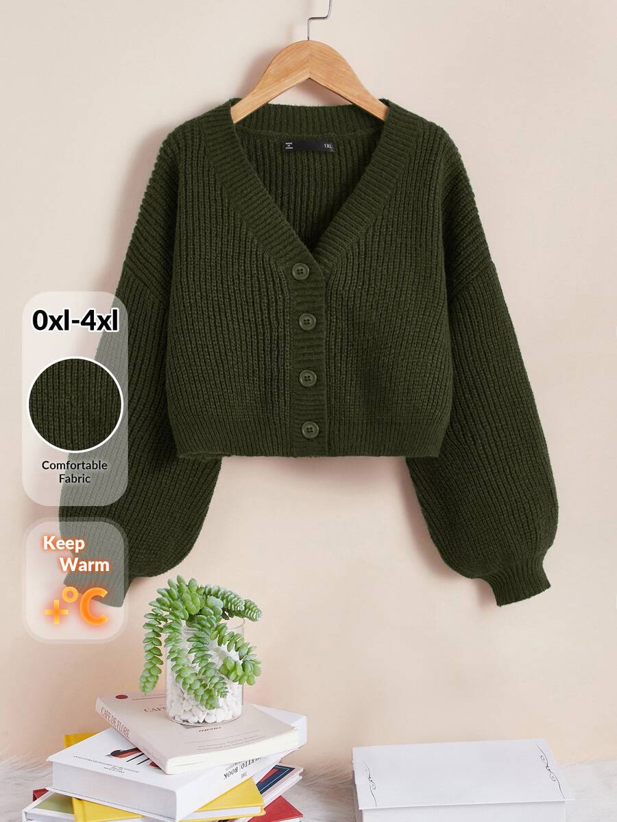 SHEIN Essnce Plus Size Women's Solid Color Drop Shoulder Long Sleeve Single-Breasted Casual Cardigan In Fall/Winter - Army Green - View 1