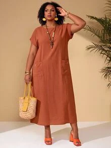 EMERY ROSE Plus Size Women's Brown Summer Boho Vacation Dress,Round Neck Short Sleeve Loose Fit Flowy Long Pocket Dress,Casual Solid Basic Everyday Wear Outfits - Rust Brown - View 1