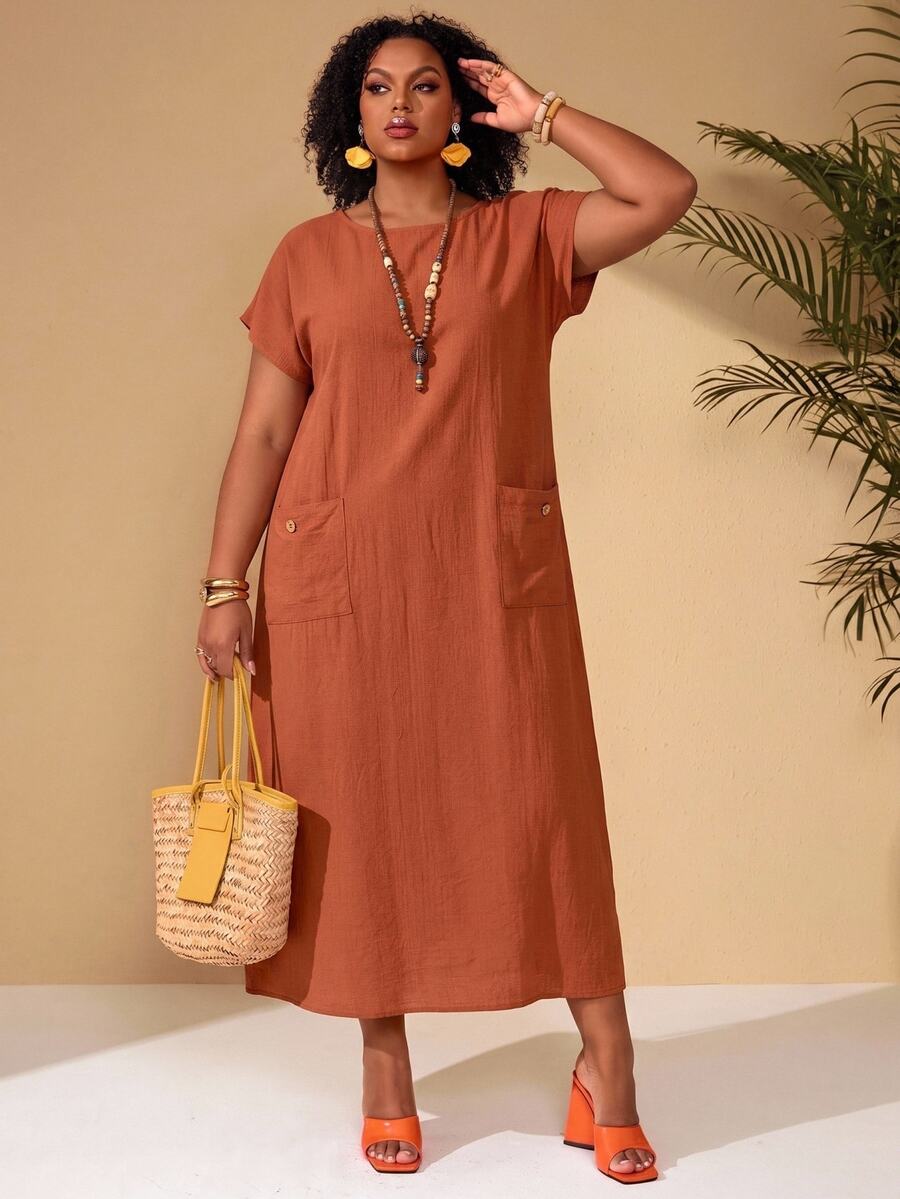 EMERY ROSE Plus Size Women's Brown Summer Boho Vacation Dress,Round Neck Short Sleeve Loose Fit Flowy Long Pocket Dress,Casual Solid Basic Everyday Wear Outfits - Rust Brown - View 1