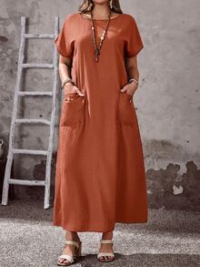 EMERY ROSE Plus Size Women's Brown Summer Boho Vacation Dress,Round Neck Short Sleeve Loose Fit Flowy Long Pocket Dress,Casual Solid Basic Everyday Wear Outfits - Rust Brown - View 4