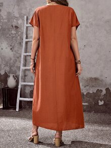 EMERY ROSE Plus Size Women's Brown Summer Boho Vacation Dress,Round Neck Short Sleeve Loose Fit Flowy Long Pocket Dress,Casual Solid Basic Everyday Wear Outfits - Rust Brown - View 3