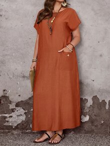EMERY ROSE Plus Size Women's Brown Summer Boho Vacation Dress,Round Neck Short Sleeve Loose Fit Flowy Long Pocket Dress,Casual Solid Basic Everyday Wear Outfits - Rust Brown - View 8