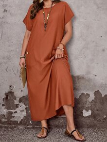 EMERY ROSE Plus Size Women's Brown Summer Boho Vacation Dress,Round Neck Short Sleeve Loose Fit Flowy Long Pocket Dress,Casual Solid Basic Everyday Wear Outfits - Rust Brown - View 2