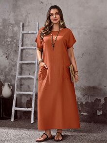 EMERY ROSE Plus Size Women's Brown Summer Boho Vacation Dress,Round Neck Short Sleeve Loose Fit Flowy Long Pocket Dress,Casual Solid Basic Everyday Wear Outfits - Rust Brown - View 7
