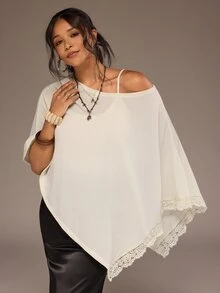 Freevana Women Chic Elegant Boho Slouchy Knit One Shoulder Long Bell Sleeve Asymmetrical Lace Trim Knit Top Autumn Vacation White Brunch - White - View 3