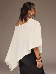 Freevana Women Chic Elegant Boho Slouchy Knit One Shoulder Long Bell Sleeve Asymmetrical Lace Trim Knit Top Autumn Vacation White Brunch - White - View 2