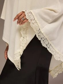 Freevana Women Chic Elegant Boho Slouchy Knit One Shoulder Long Bell Sleeve Asymmetrical Lace Trim Knit Top Autumn Vacation White Brunch - White - View 7