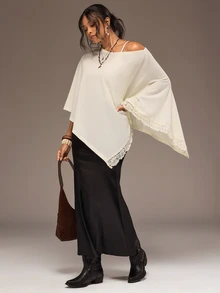 Freevana Women Chic Elegant Boho Slouchy Knit One Shoulder Long Bell Sleeve Asymmetrical Lace Trim Knit Top Autumn Vacation White Brunch - White - View 6
