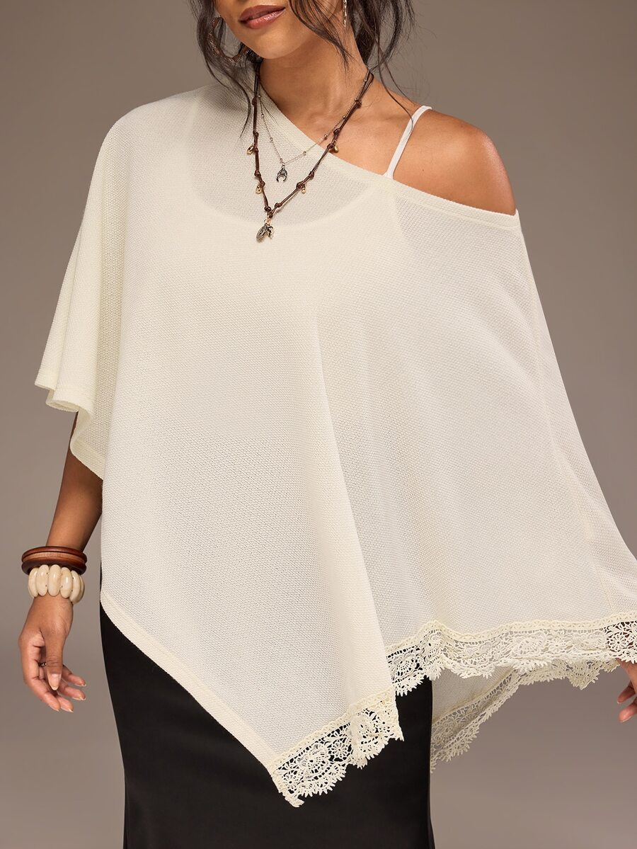 Freevana Women Chic Elegant Boho Slouchy Knit One Shoulder Long Bell Sleeve Asymmetrical Lace Trim Knit Top Autumn Vacation White Brunch - White - View 1