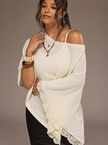 Freevana Women Chic Elegant Boho Slouchy Knit One Shoulder Long Bell Sleeve Asymmetrical Lace Trim Knit Top Autumn Vacation White Brunch - White - View 5