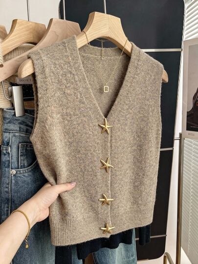 Comfylo Plus Size Women's Solid Color Metal Single-Breasted Casual Soft Form Traditional Daily Formal Graduation Office Vest Cardigan Khaki Autumn Fall Grey